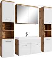 Badplaats Badkamermeubel Set Paso XL 80 x 40 cm - Eiken met Hoogglans Wit - Badmeubel met spiegelkast en zijkasten