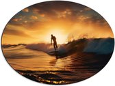 Dibond Ovaal - Surfer in Actie tijdens Zonsondergang - 68x51 cm Foto op Ovaal (Met Ophangsysteem)
