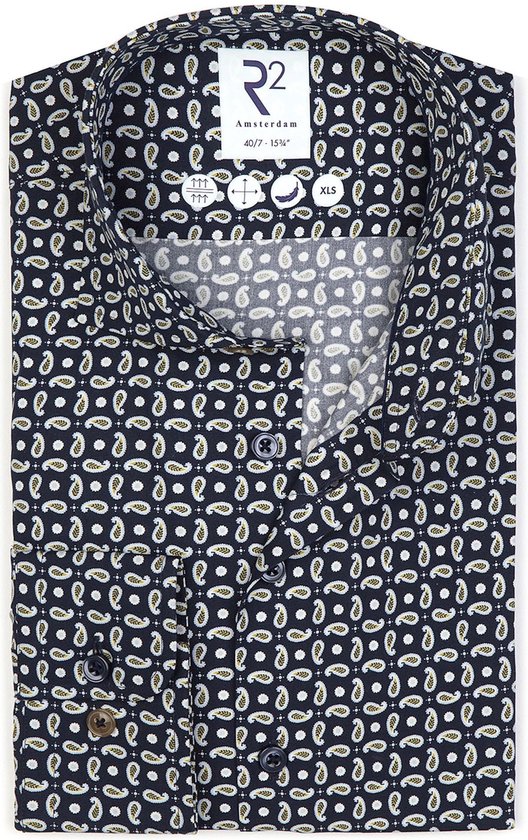 R2 Amsterdam - Chemise Manches Extra Longues Paisley Navy - Homme - Taille 38 - Coupe Moderne