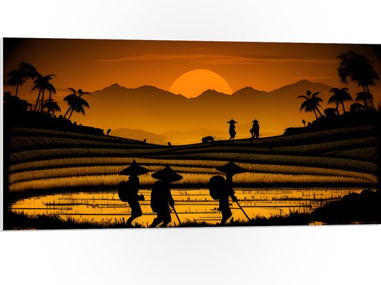 PVC Schuimplaat - Silhouet van Thaise Boeren aan het Werk op Land - 100x50 cm Foto op PVC Schuimplaat (Met Ophangsysteem)
