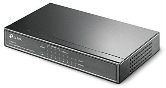 Hoekweergave van de zwarte TP-Link TL-SG1008P 8-poorts Gigabit desktop switch met 4-PoE.