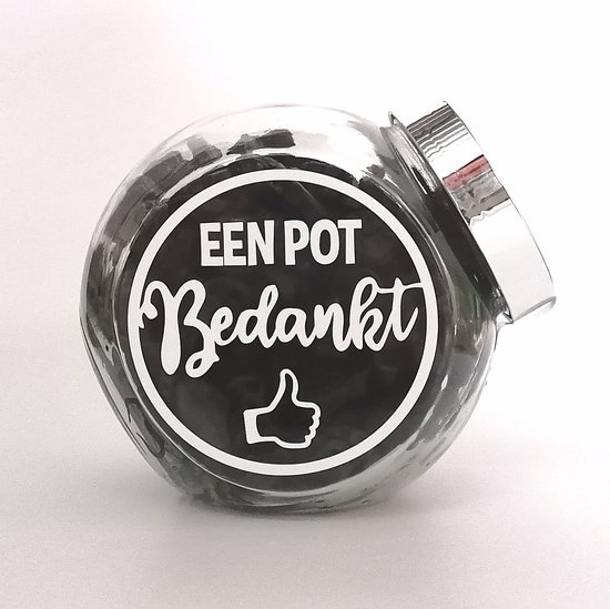 Foto: Snoeppot met tekst een pot bedankt gevuld met 1250 gram drop bedankje bedankt cadeautje