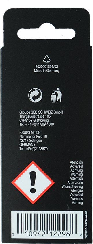 Achterkant van een Krups verpakking met waarschuwingen en barcode.