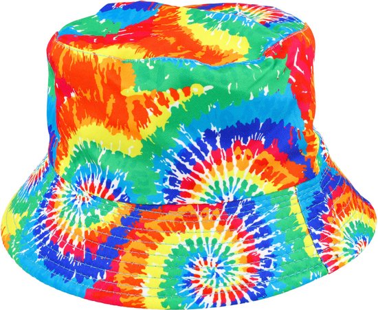 Bucket Hat Omkeerbaar Tie Dye Regenboog Color Festival Vissers Hoedje Print Patroon Blauw Groen Geel Oranje