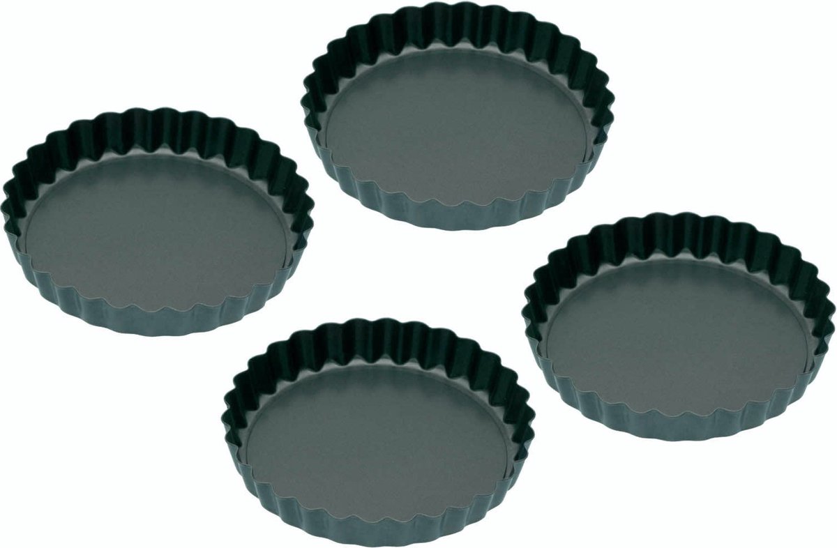 Kitchencraft Ronde Kleine Geribbelde Taartvormen Met Antiaanbaklaag / Quichevormen Met Losse Bodem - 10 cm (Set Van 4)
