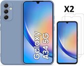Hoesje Geschikt Voor Samsung Galaxy A34 Hoesje siliconen Licht Blauw zacht siliconen hoesje TPU backcover - Met Screenprotector - 2 stuks