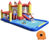 Château gonflable Opblaasbaar Mara - Play Pool - Toboggan aquatique - Piscine à balles - Anneau de basket - Y compris ventilateur - Piscine pour enfants - Blauw - Rouge - Jaune - 400 x 280 x 195 cm