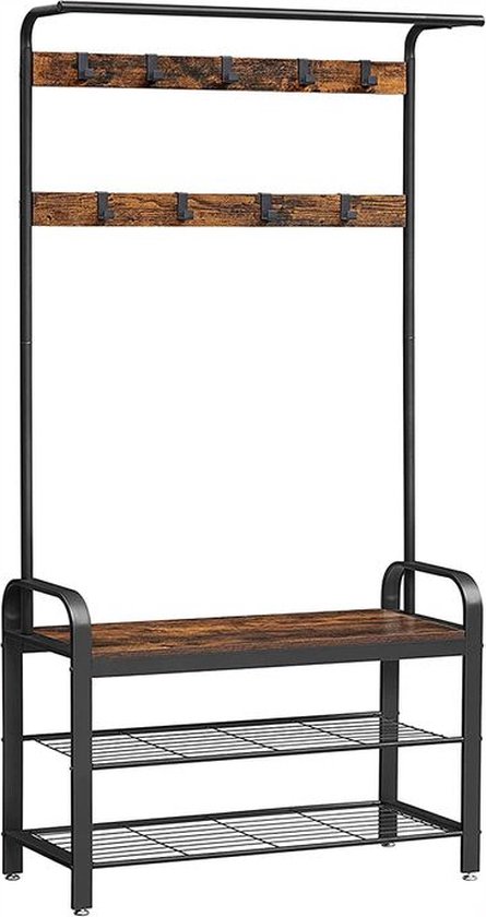 Rootz kapstok - kapstok met 3 planken - kapstok - kleerhangerstandaard - vrijstaande kapstok - houten kapstok - kapstokstandaard - spaanplaat - staal - bruin-zwart - 84 x 33,7 x 183 cm (L x B x H)