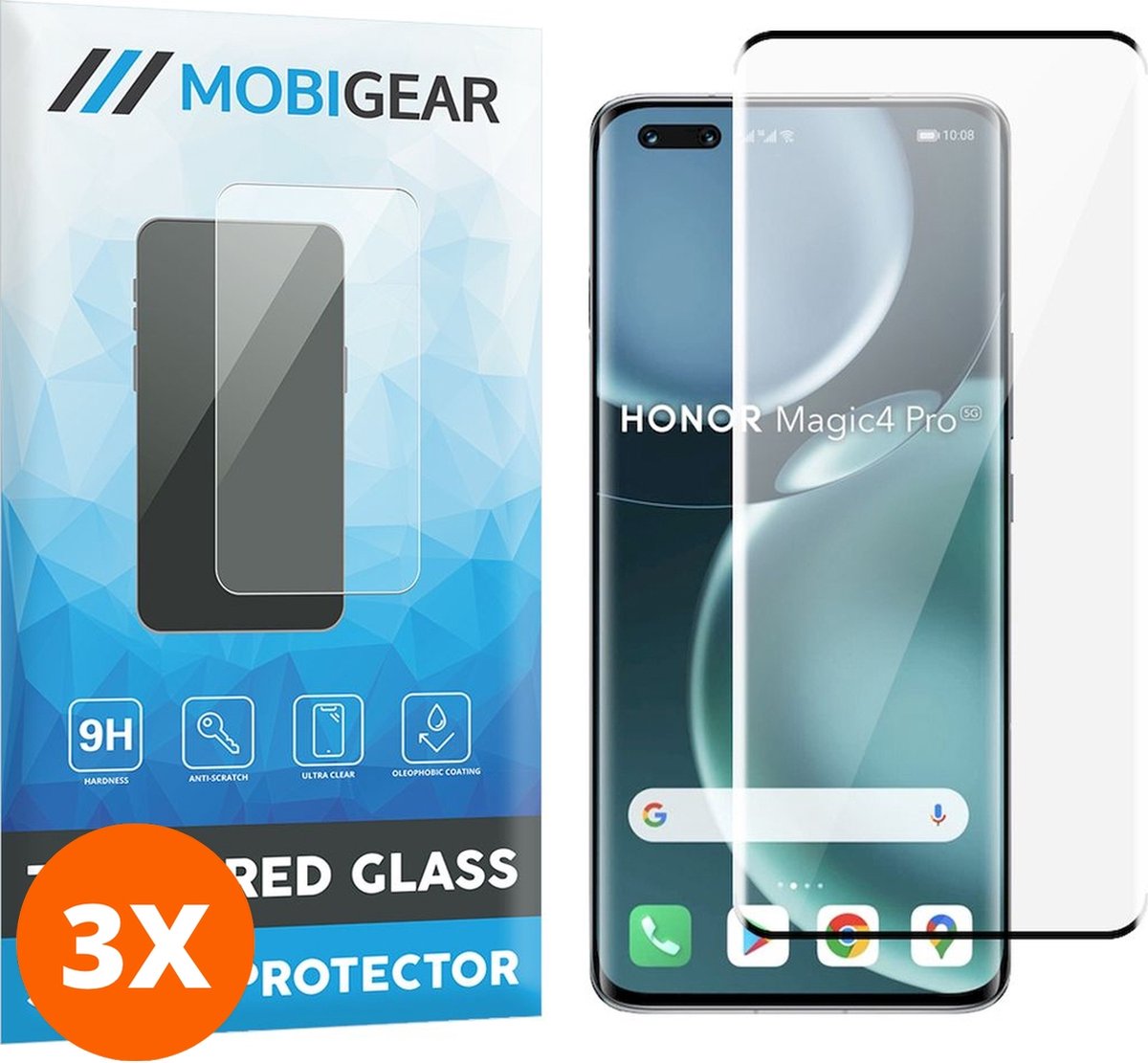 Mobigear Screenprotector geschikt voor HONOR Magic 4 Pro Glazen | Mobigear Premium Screenprotector - Case Friendly - Zwart (3-Pack)