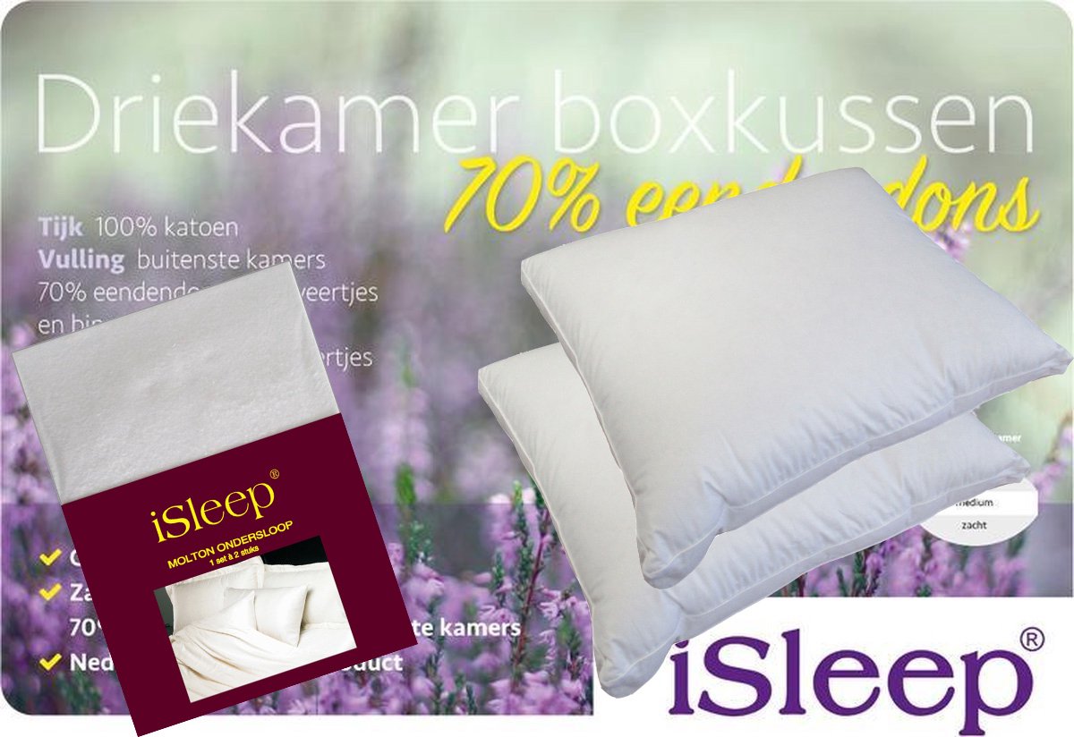 iSleep Driekamer Boxkussen Set (2 Kussens + 2 iSleep Moltonslopen) - Boxmodel - Eendendons - 55x65x5 cm - Wit