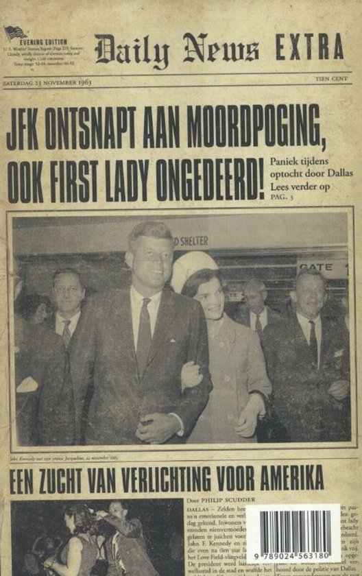 Krantenkop Daily News Extra, 23 november 1963, met foto van JFK en Jackie Kennedy.