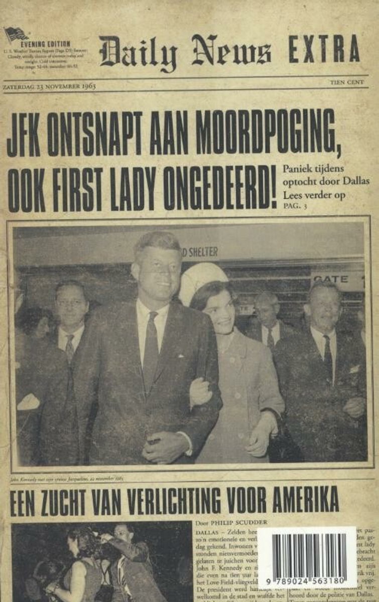 Krantenkop Daily News Extra, 23 november 1963, met foto van JFK en Jackie Kennedy.