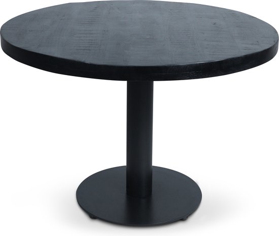 Table à manger Pearl avec plateau rond en bois de manguier finition noire d'un diamètre de 130 cm. et 1 pied rond noir sur une plaque de base ronde extra robuste.