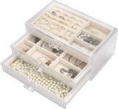 Jewellery Sieradenkistje van acryl met 3 laden, fluwelen sieradenkistje, sieradenkistje voor meisjes, sieradenorganizer, oorbellen, ringen, halskettingen, armbanden, vitrine, cadeau voor vrouwen, beige