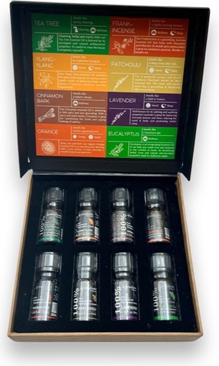 Goedkoopste Essentiële oliën giftset 8 flesjes 10ml - Essentiële olie set - Cadeau - Tea Tree - Frankincense - Ylang-Ylang - Patchouli - Kaneelbast - Lavendel - Sinaasappel - Eucalytpus