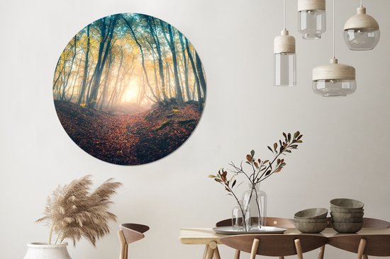 WallCircle - Stickers muraux - Cercle Papier Peint - Forêt - Brouillard - Soleil - Automne - 120x120 cm - Cercle Mural - Auto Adhésif - Sticker Papier Peint Rond XXL