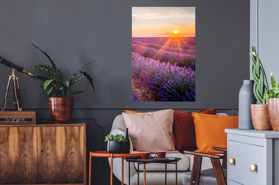Muurstickers - Sticker Folie - Lavendel - Zonsondergang - Bloemen - Paars - 60x90 cm - Plakfolie - Muurstickers Kinderkamer - Zelfklevend Behang - Zelfklevend behangpapier - Stickerfolie