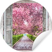 WallCircle - Muurstickers - Behangcirkel - Sakura - Doorkijk - Boom - Kersenbloesem - 50x50 cm - Muurcirkel - Zelfklevend - Ronde Behangsticker