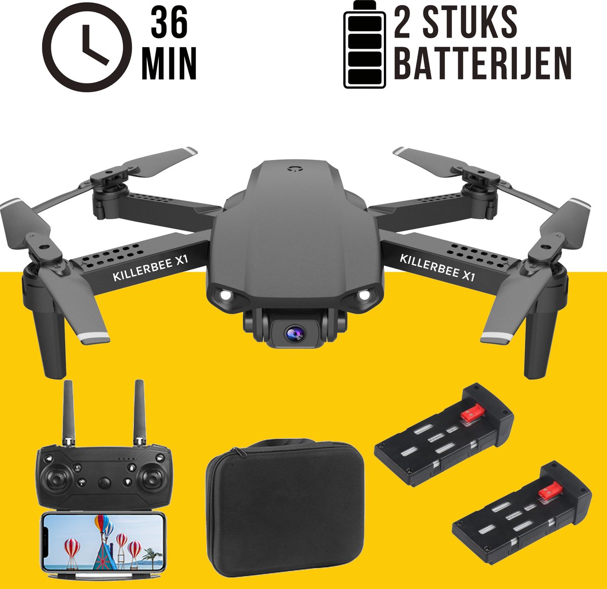 Killerbee X1 Drone - Quad Drone met camera voor buiten en binnen - Drone voor kinderen en volwassenen - 36 minuten vliegtijd - inclusief gratis uitleg video's - inclusief opbergtas en 2 accu's.