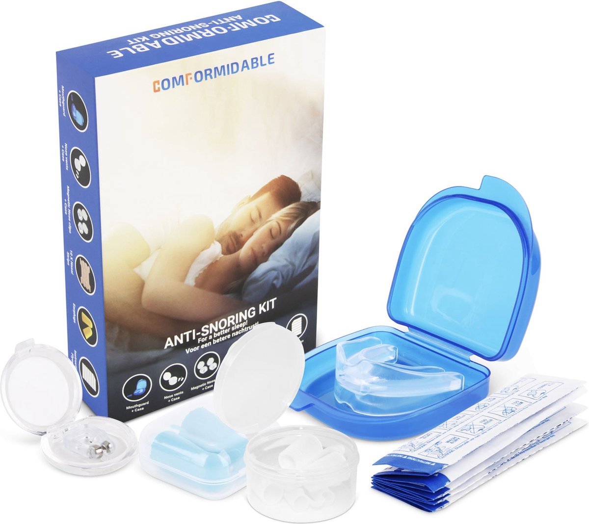 Comformidable® Anti Snurk Set Pro 5-in-1 - Inclusief Anti Snurkbeugel - Neusstrips - Neusspreider - Neusclip - Oordopjes