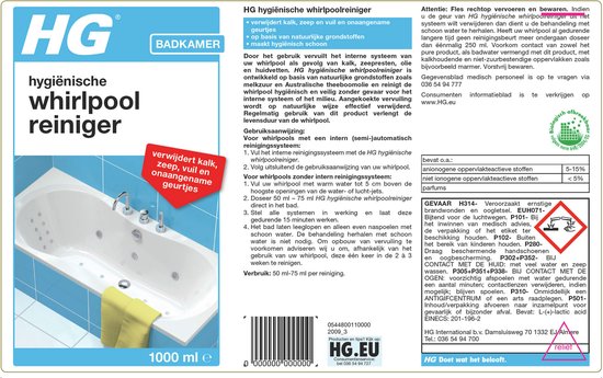 Witte fles HG hygiënische whirlpoolreiniger met gedetailleerde informatie en instructies. Inhoud 1000ml.