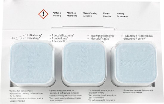 Drie lichtblauwe JURA tabletten met meertalige tekst eronder. De tabletten zijn verpakt in een donker frame.