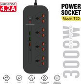 Premium Stekkerdoos met Schakelaar en USB - 4-voudig - 3 USB - 1 USB-C - 2 Meter Kabel - Geschikt voor EU, VK, VS