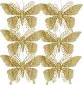 House of Seasons kerstboomversiering vlinders op clip - 6x st - goud - 16 cm