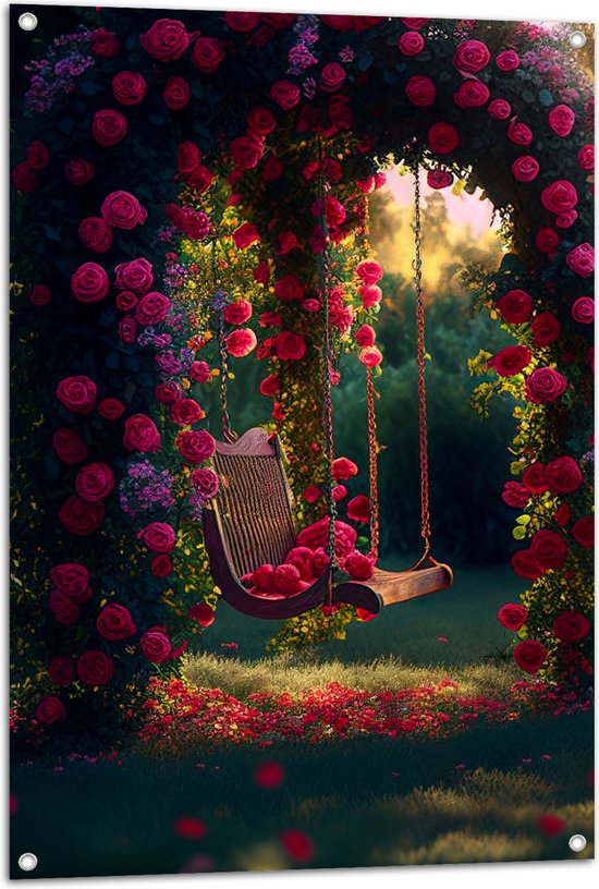 Tuinposter – Romantische Schommel aan Roze Bloemenboog - 70x105 cm Foto op Tuinposter (wanddecoratie voor buiten en binnen)