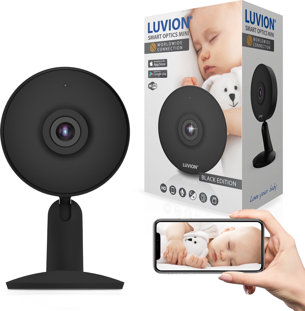 LUVION® Smart Optics Mini HD Wifi Baby Camera - Black Edition - Babyfoon  camera met... | bol