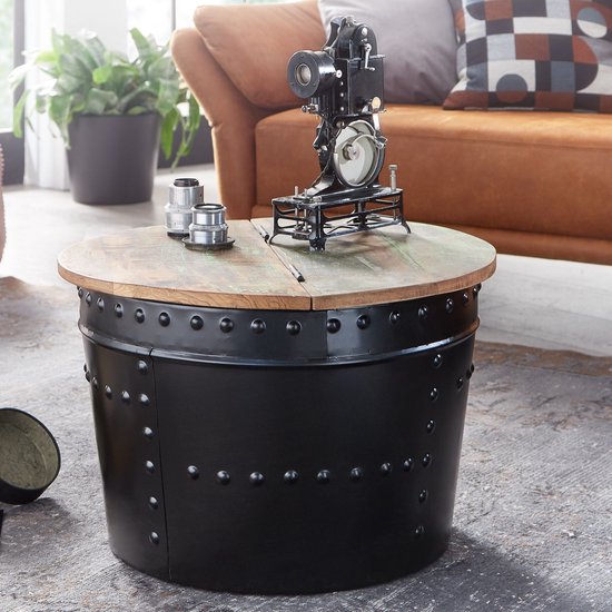 FineBuy Set van 2 bijzettafels van massief mangohout rond | Salontafel met metalen poten bruin | Placemat 2-delige nesttafel hout/metaal zwart