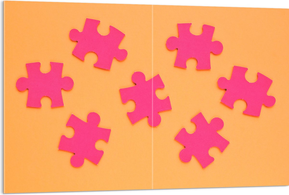 Acrylglas - Roze Puzzelstukjes op Oranje Achtergrond - 120x80 cm Foto op Acrylglas (Met Ophangsysteem)