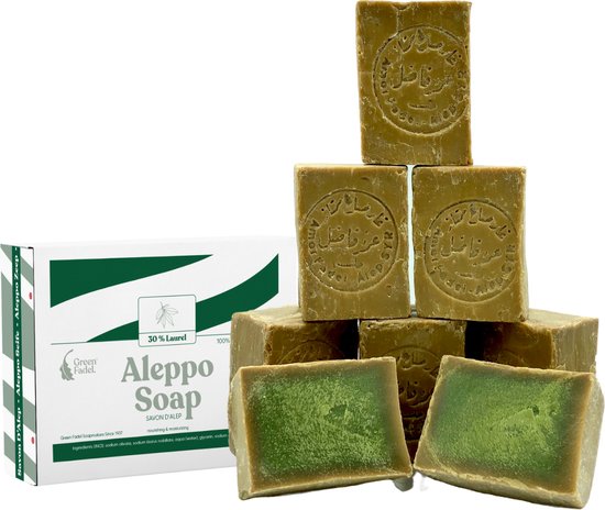 Green Fadel Aleppo zeep - olijf en 30 % laurier - Savon d'Alep - 6 blokken - +/- 1,2 kg