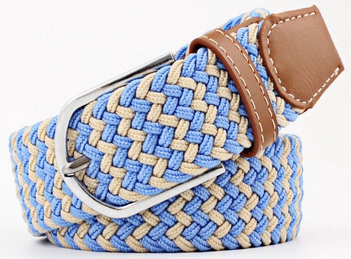 Gevlochten Riem - Elastisch - Blauw / Beige Gestreept - Geweven - Riemen Heren Dames - Papa Cadeau Voor Mannen - Vaderdag
