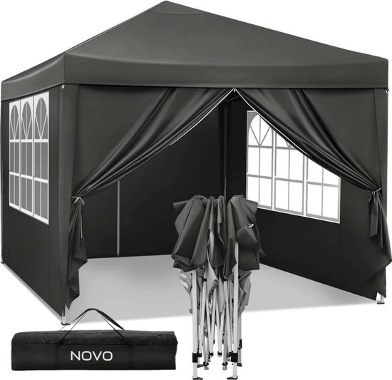 NOVO® Partytent - Easy up - 3 x 3m - Paviljoen met Zijpanelen - Opvouwbaar - Waterdichte Tent - In Hoogte Verstelbaar - Zwart