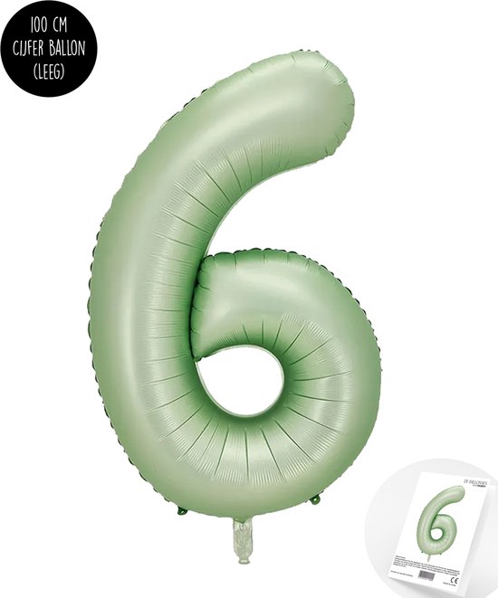 Cijfer Helium Folie Ballon XXL - 6 jaar cijfer - Olive - Groen - Satijn - Nude - 100 cm - leeftijd 6 jaar feestartikelen verjaardag