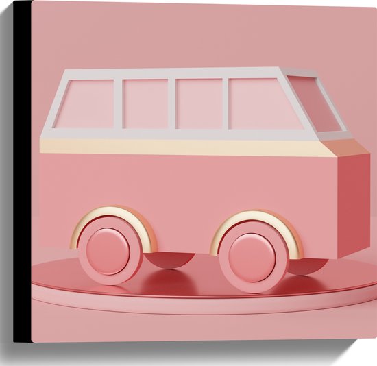 Canvas - Roze Speelgoed Camper tegen Roze Achtergrond - 40x40 cm Foto op Canvas Schilderij (Wanddecoratie op Canvas)