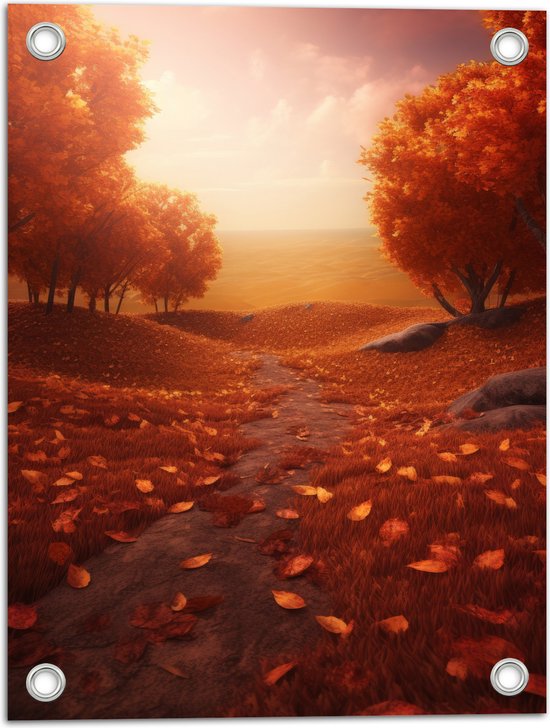 Tuinposter – Schilderij van Weg tussen Bomen Bedolven onder Herfstbladeren met Prachtig Uitzicht - 30x40 cm Foto op Tuinposter (wanddecoratie voor buiten en binnen)