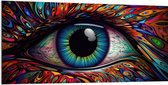 Dibond - Schilderij van Blauw oog op Kleurrijk Gezicht met Patronen - 200x100 cm Foto op Aluminium (Wanddecoratie van metaal)