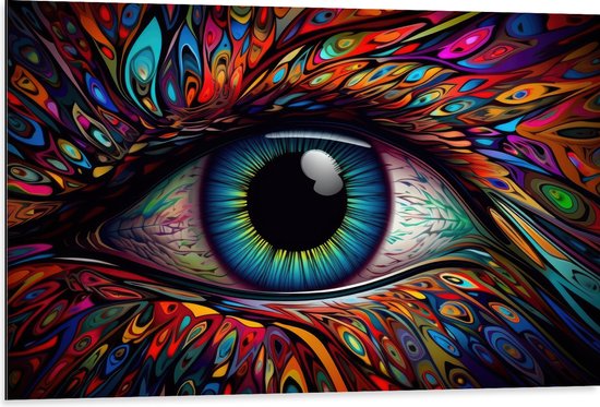 Dibond - Schilderij van Blauw oog op Kleurrijk Gezicht met Patronen - 105x70 cm Foto op Aluminium (Wanddecoratie van metaal)