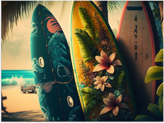 Poster (Mat) - Rij Surfplanken in Verschillende Patronen en Kleuren op het Strand - 40x30 cm Foto op Posterpapier met een Matte look