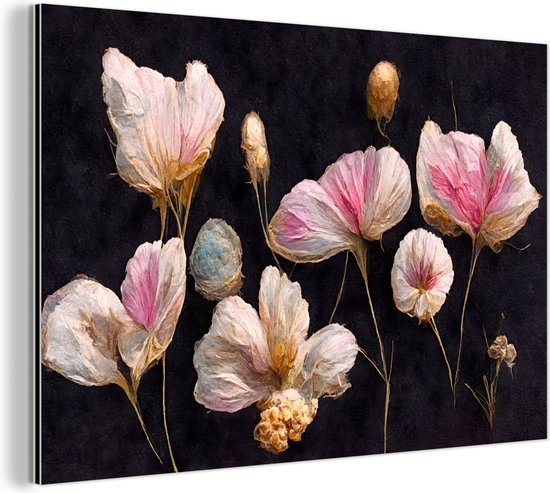 Wanddecoratie Metaal - Aluminium Schilderij Industrieel - Bloemen - Planten - Roze - Zwart - 150x100 cm - Dibond - Foto op aluminium - Industriële muurdecoratie - Voor de woonkamer/slaapkamer