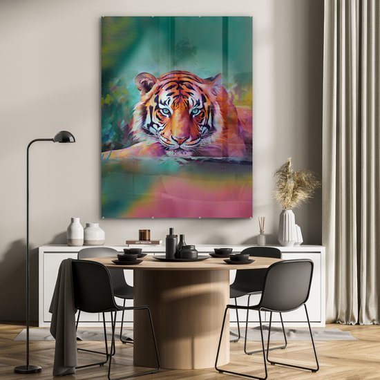 MuchoWow® Tableau sur verre 90x120 cm - Tableau sur verre acrylique - Tigre - Peinture à l'huile - Animaux - Art - Photo sur verre - Décoration murale salon - Décoration murale chambre - Peintures