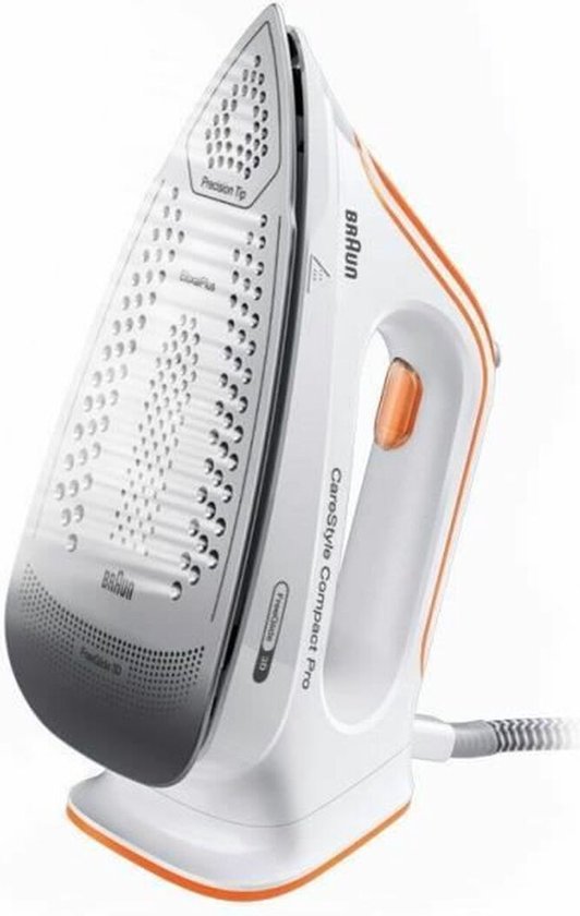 Witte Braun strijkijzer met oranje accenten en grijze zoolplaat, 'CareStyle Compact Pro' aanduiding.