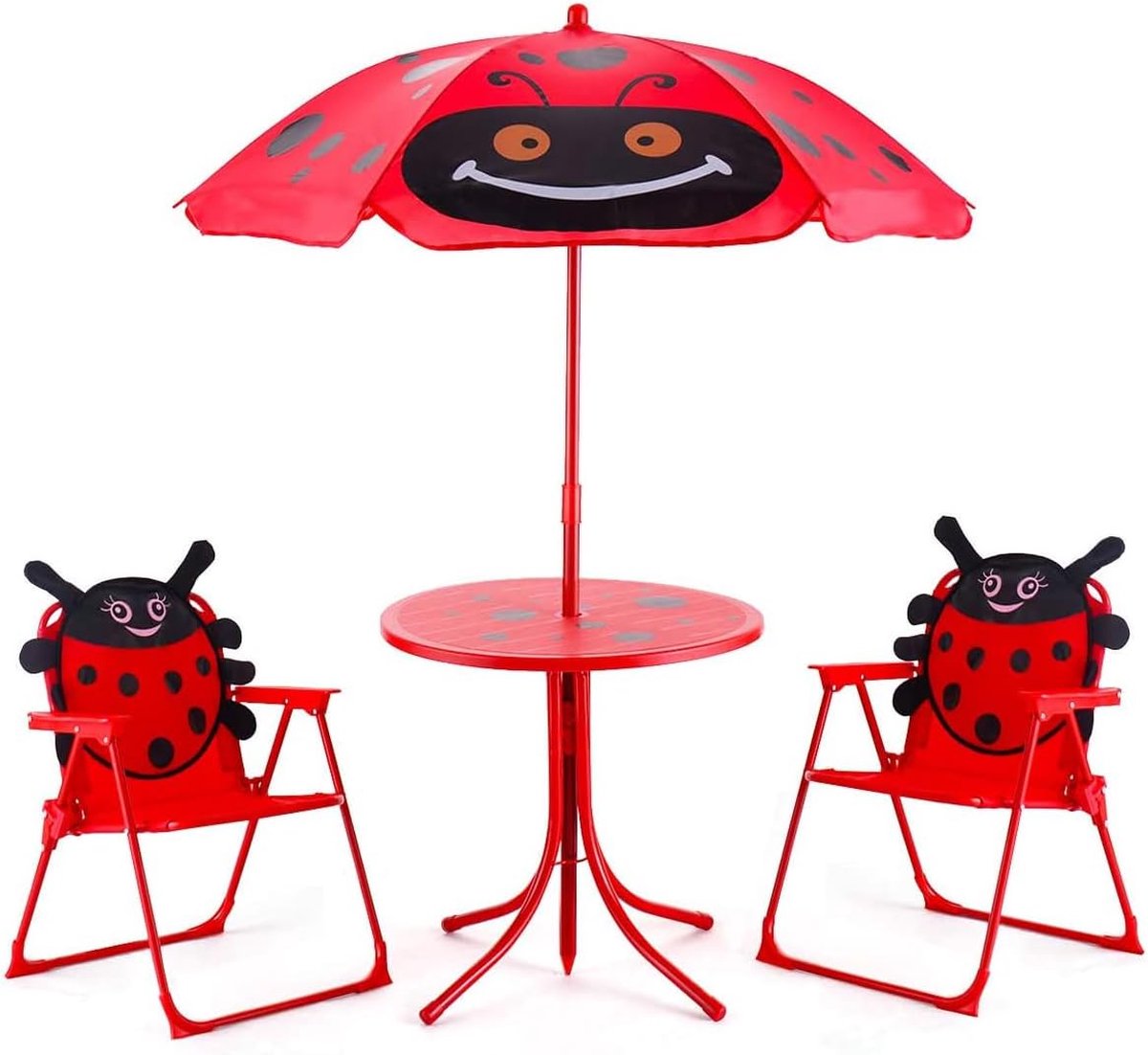 COSTWAY Zitgroep zitgarnituur voor kinderen tuinset kindermeubel kindertafel incl. parasol + 2 kinderstoelen inklapbaar rood