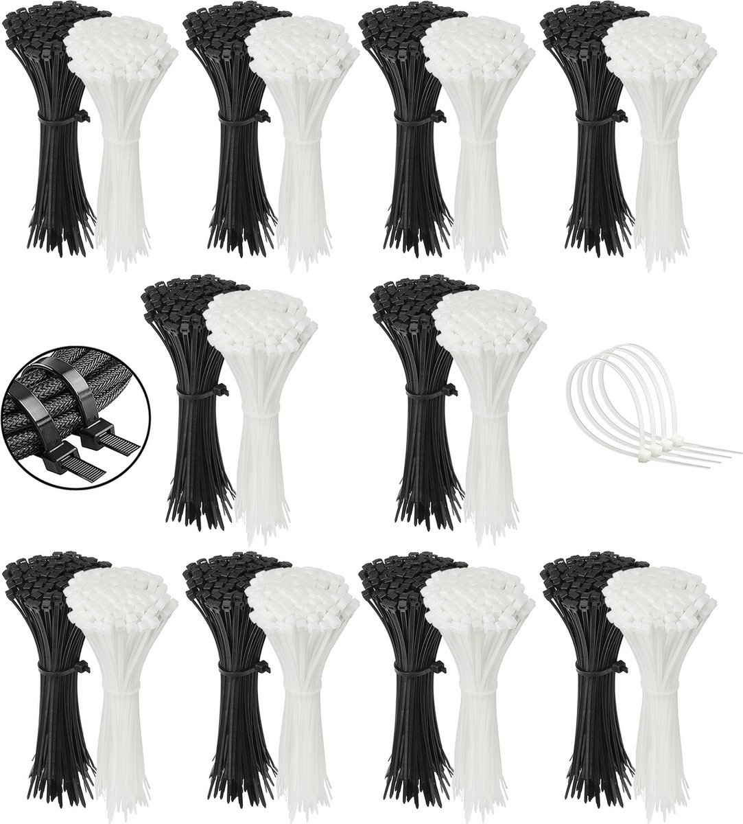 Polyamide kabelbinders, Tie Rips, zwart+wit 300x4.8mm / 2000 stuks