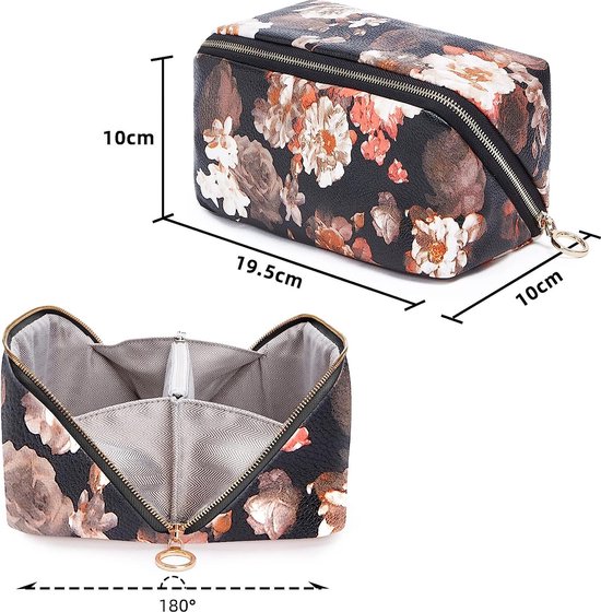 Trousse de toilette pour femme de grande capacité, trousse à cosmétiques, trousse de maquillage, trousse de maquillage de voyage avec compartiments, trousse à crayons (fleur noire-2)
