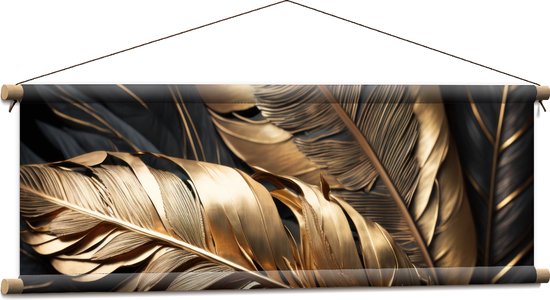 Textielposter - Zwarte en Gouden Palmbladeren - 90x30 cm Foto op Textiel