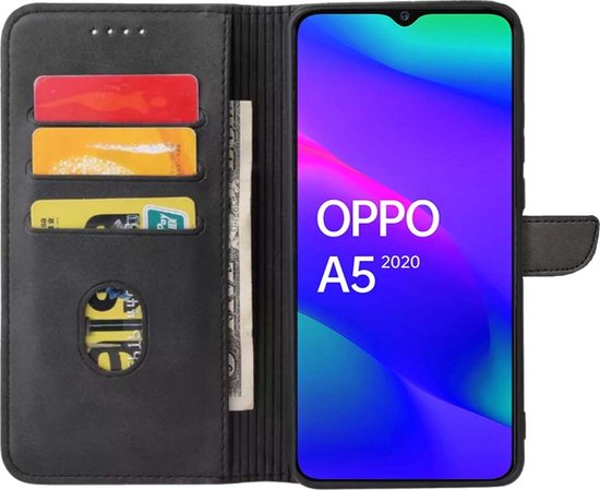 Geschikt voor Oppo A5 2020 Telefoonhoesje Kunstleer met Magnetisch lipje en Pasjeshouder Book Case met Klepje - Zwart - Smartphonica geschikt voor OPPO A5 (2020)