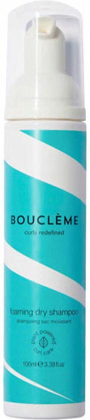 Witte fles met blauwe strepen en de tekst 'BOUCLÈME foaming dry shampoo'.